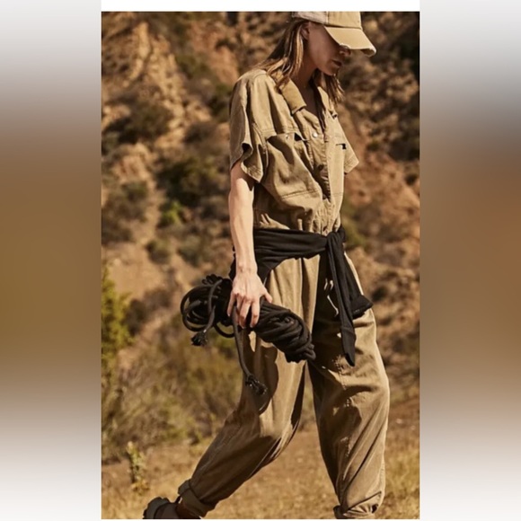Free People FP Movement *Kali* tan distressed snap front utility jumpsuit XS - Picture 2 of 11